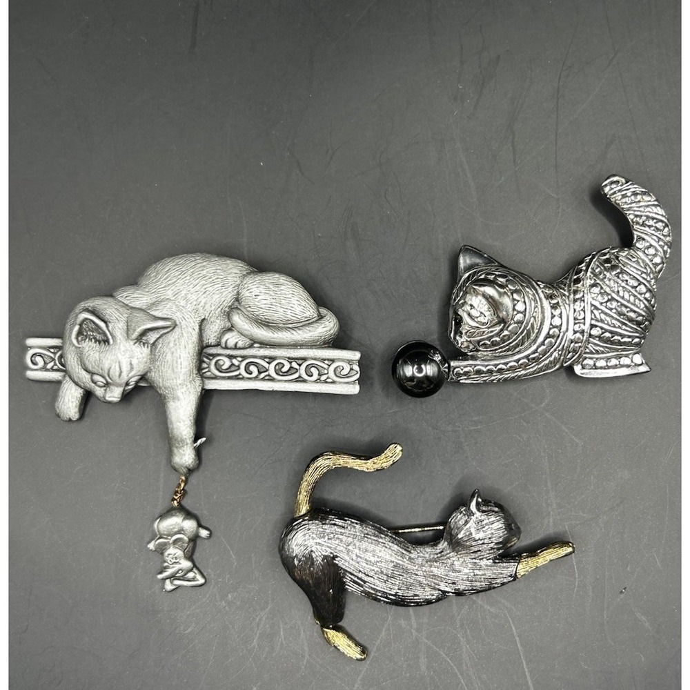 Vintage Cat Brooch Pins Pewter Black Enamel Articulated Hanging Mouse